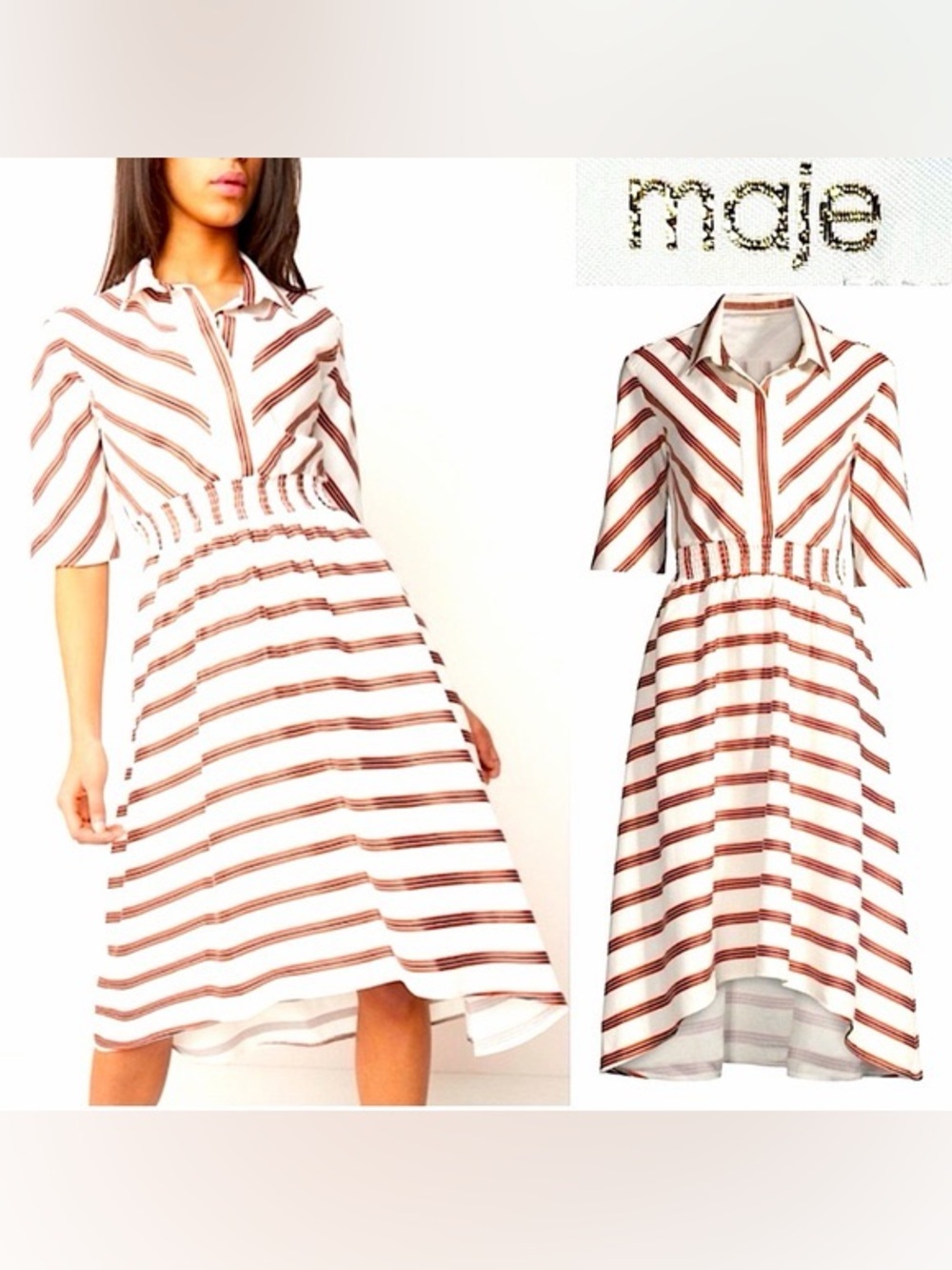 Maje White Dress with Brown Stripes - High-Low Hem